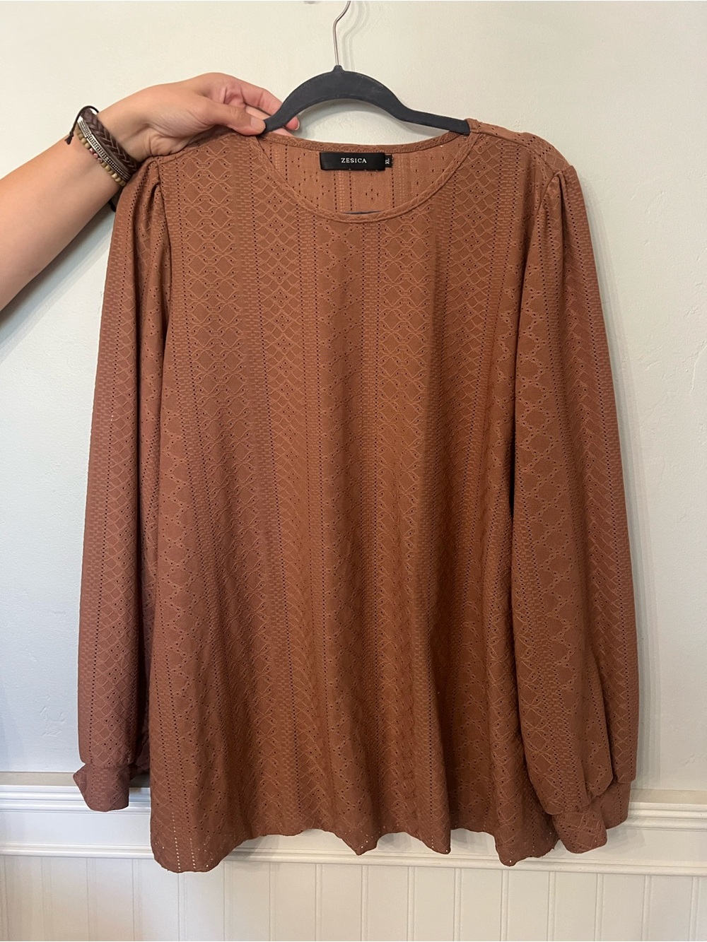 Women's Rust Brown Long Sleeve Eyelet Top